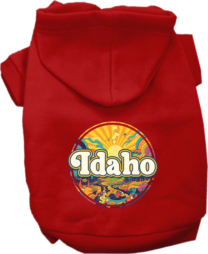 A cozy screen printed hoodie for medium to large pets featuring the Idaho Trippy Peaks design, showcasing vibrant colors and a comfortable fit.