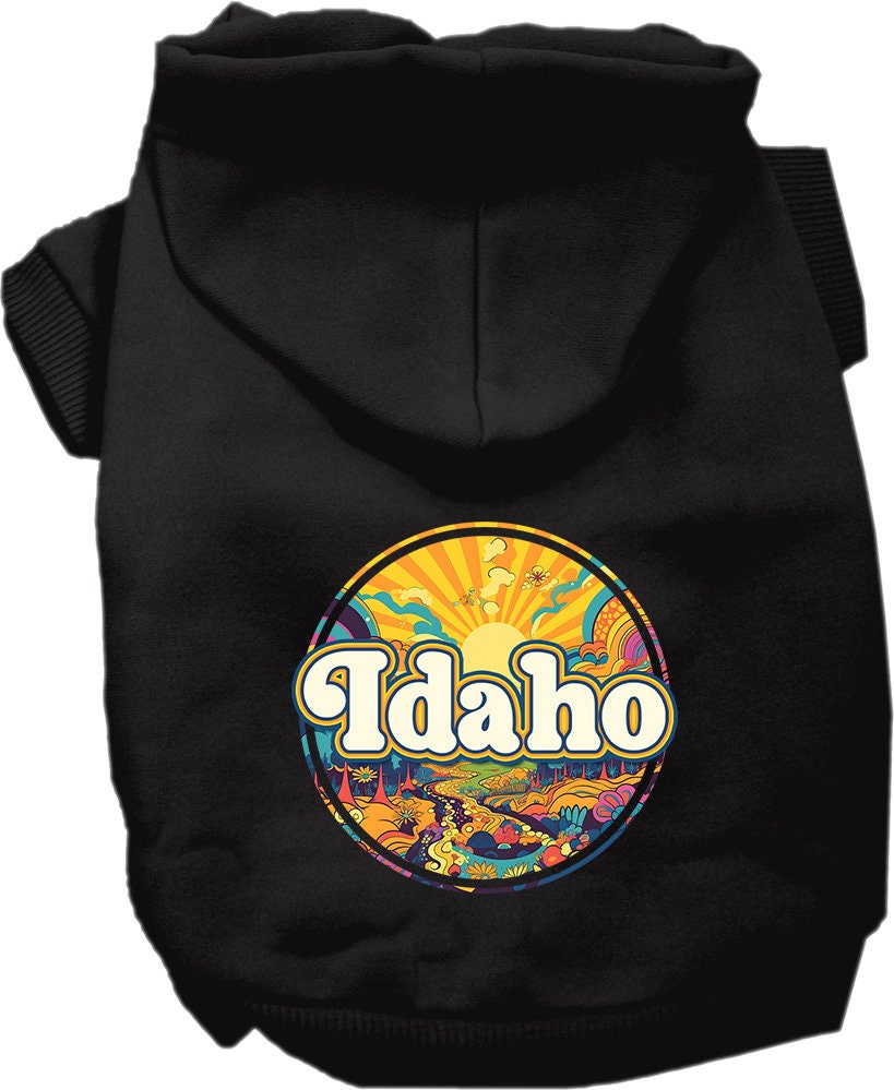 A cozy screen printed hoodie for medium to large pets featuring the Idaho Trippy Peaks design, showcasing vibrant colors and a comfortable fit.