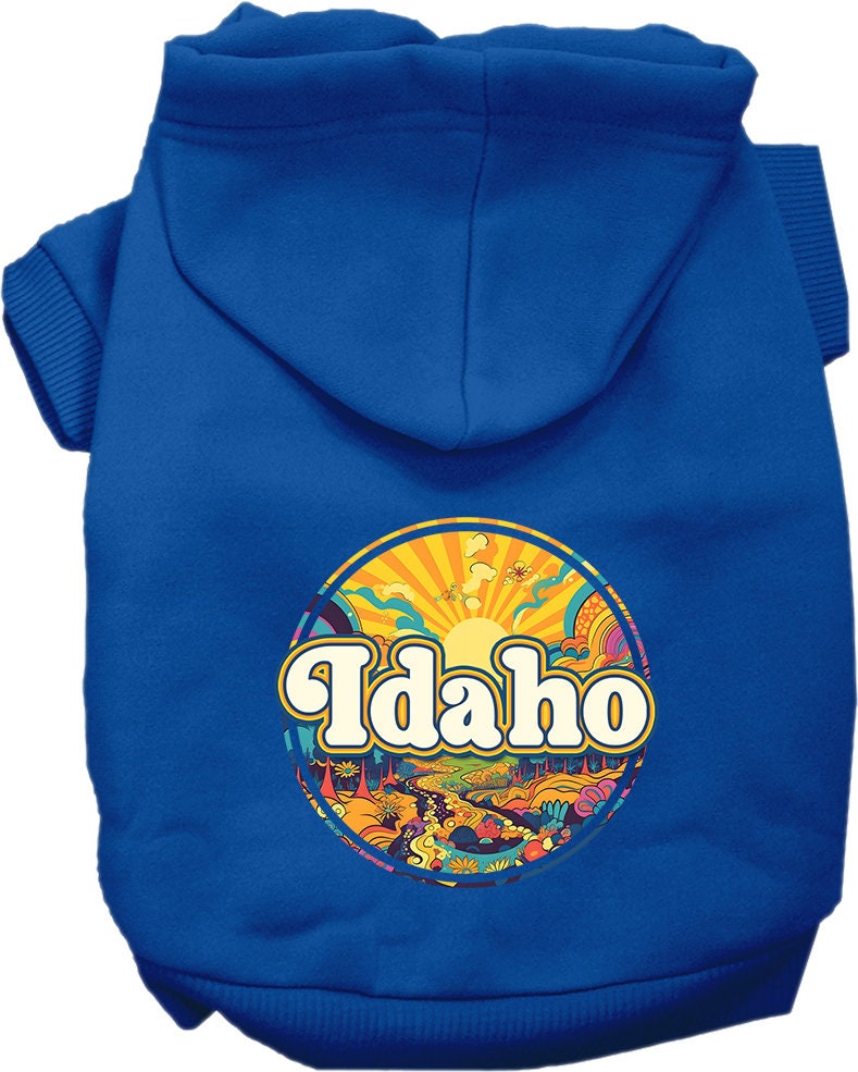 A cozy screen printed hoodie for medium to large pets featuring the Idaho Trippy Peaks design, showcasing vibrant colors and a comfortable fit.