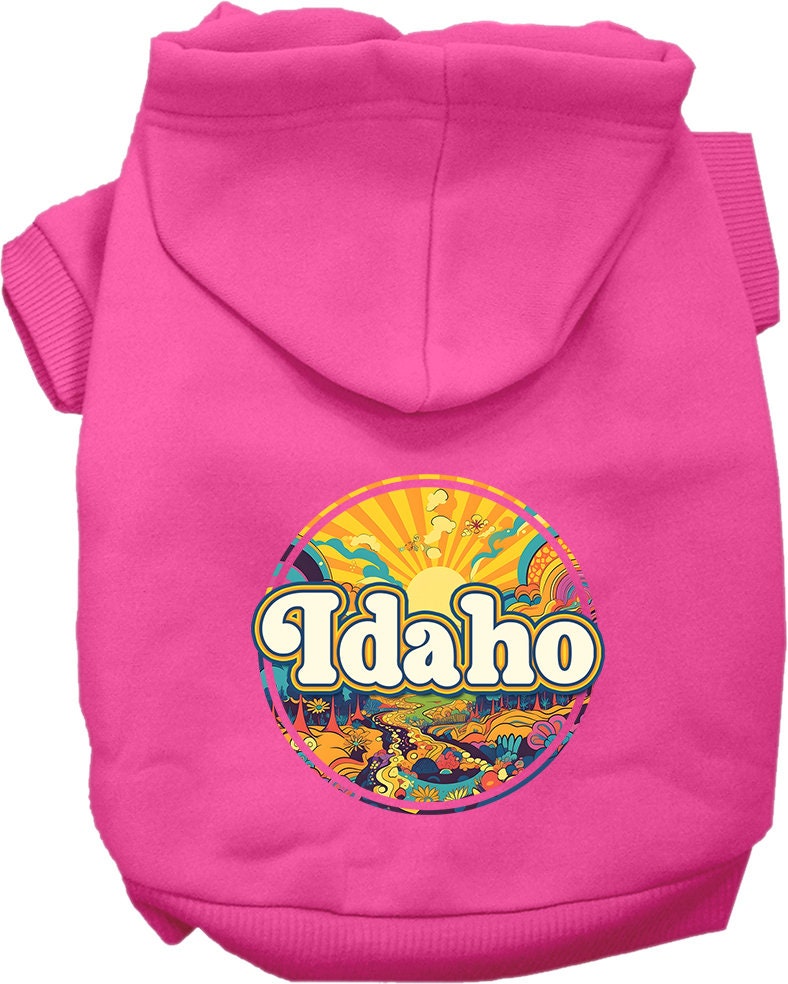A cozy screen printed hoodie for medium to large pets featuring the Idaho Trippy Peaks design, showcasing vibrant colors and a comfortable fit.