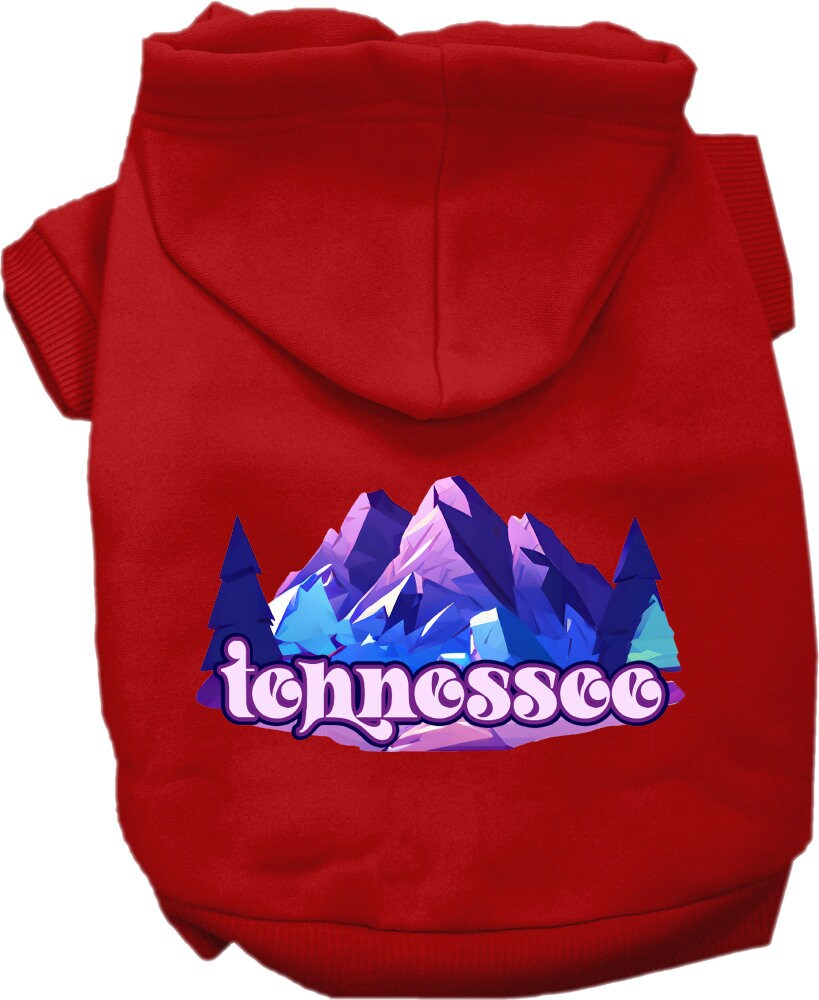 A cozy screen printed hoodie for medium to large pets featuring the 'Tennessee Alpine Pawscape' design, showcasing its soft fabric and durable stitching.