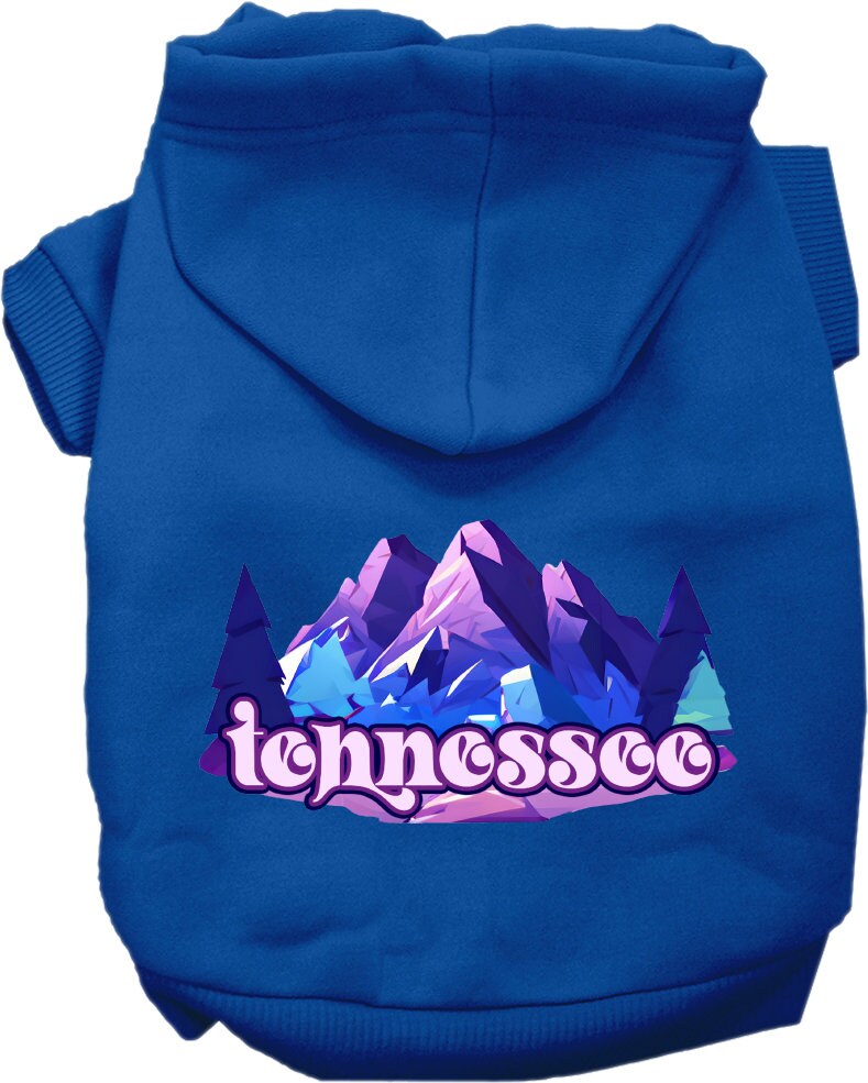 A cozy screen printed hoodie for medium to large pets featuring the 'Tennessee Alpine Pawscape' design, showcasing its soft fabric and durable stitching.
