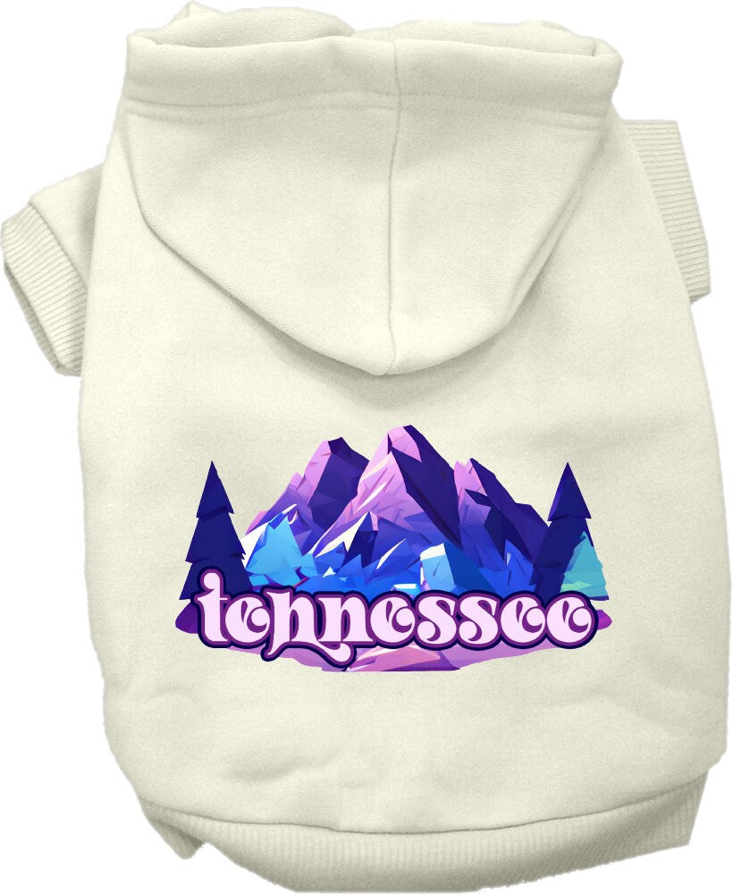 A cozy screen printed hoodie for medium to large pets featuring the 'Tennessee Alpine Pawscape' design, showcasing its soft fabric and durable stitching.