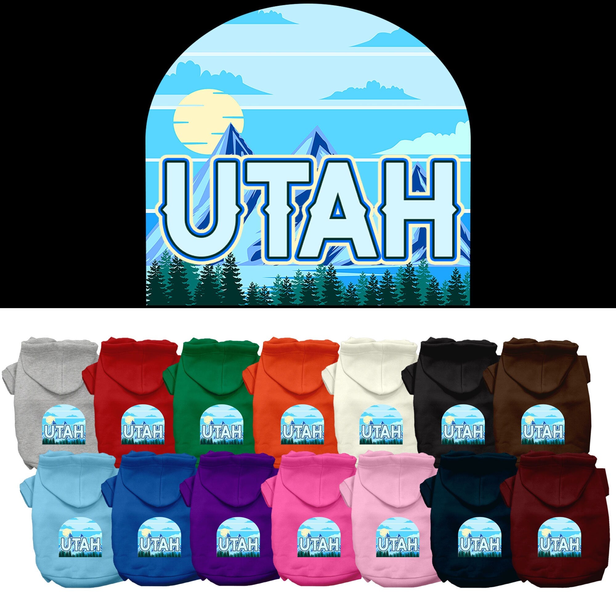 A medium to large pet wearing a soft, warm hoodie with a 'Utah Trailblazer' design, showcasing its stylish and durable features.