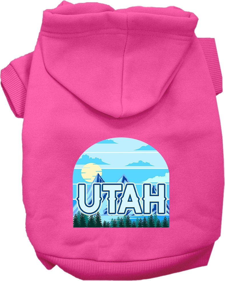 A medium to large pet wearing a soft, warm hoodie with a 'Utah Trailblazer' design, showcasing its stylish and durable features.
