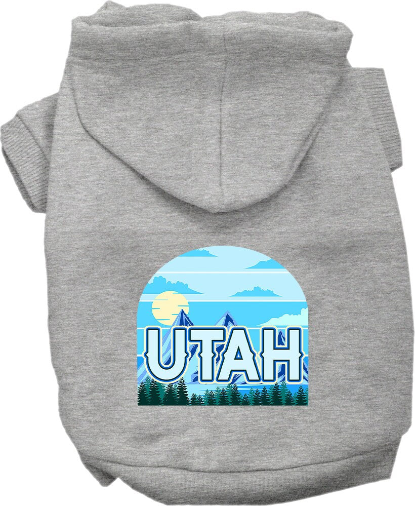 A medium to large pet wearing a soft, warm hoodie with a 'Utah Trailblazer' design, showcasing its stylish and durable features.