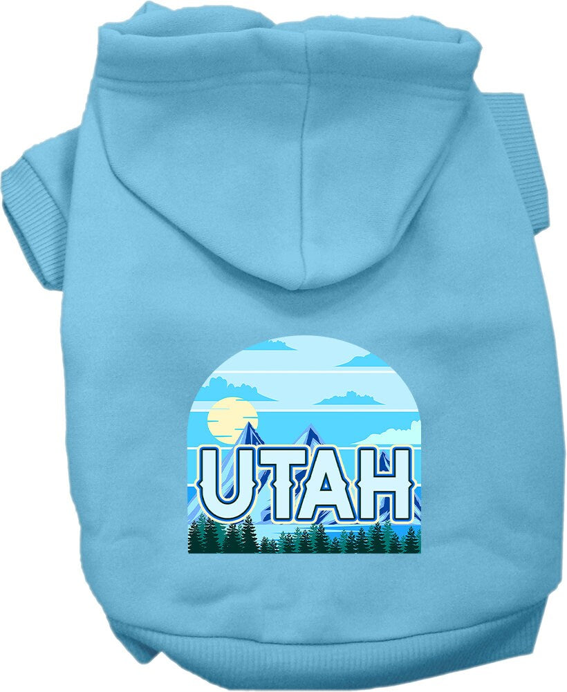 A medium to large pet wearing a soft, warm hoodie with a 'Utah Trailblazer' design, showcasing its stylish and durable features.