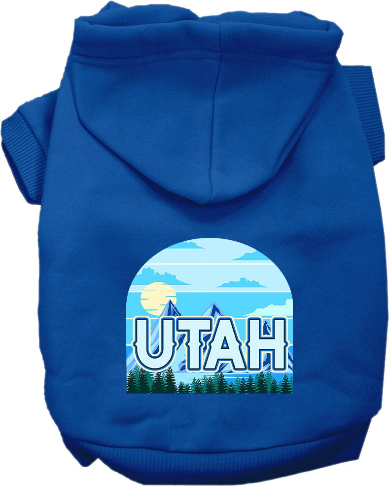 A medium to large pet wearing a soft, warm hoodie with a 'Utah Trailblazer' design, showcasing its stylish and durable features.