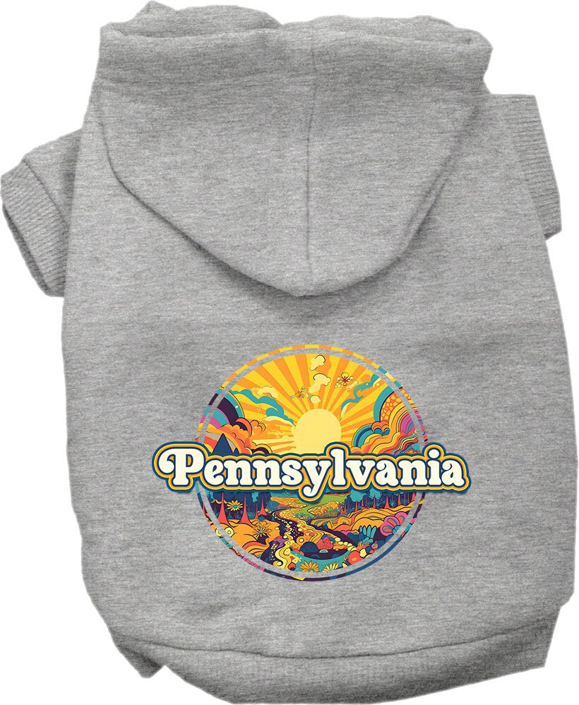 A cozy screen printed hoodie for medium to large pets, featuring a unique 'Pennsylvania Trippy Peaks' design, perfect for stylish walks.
