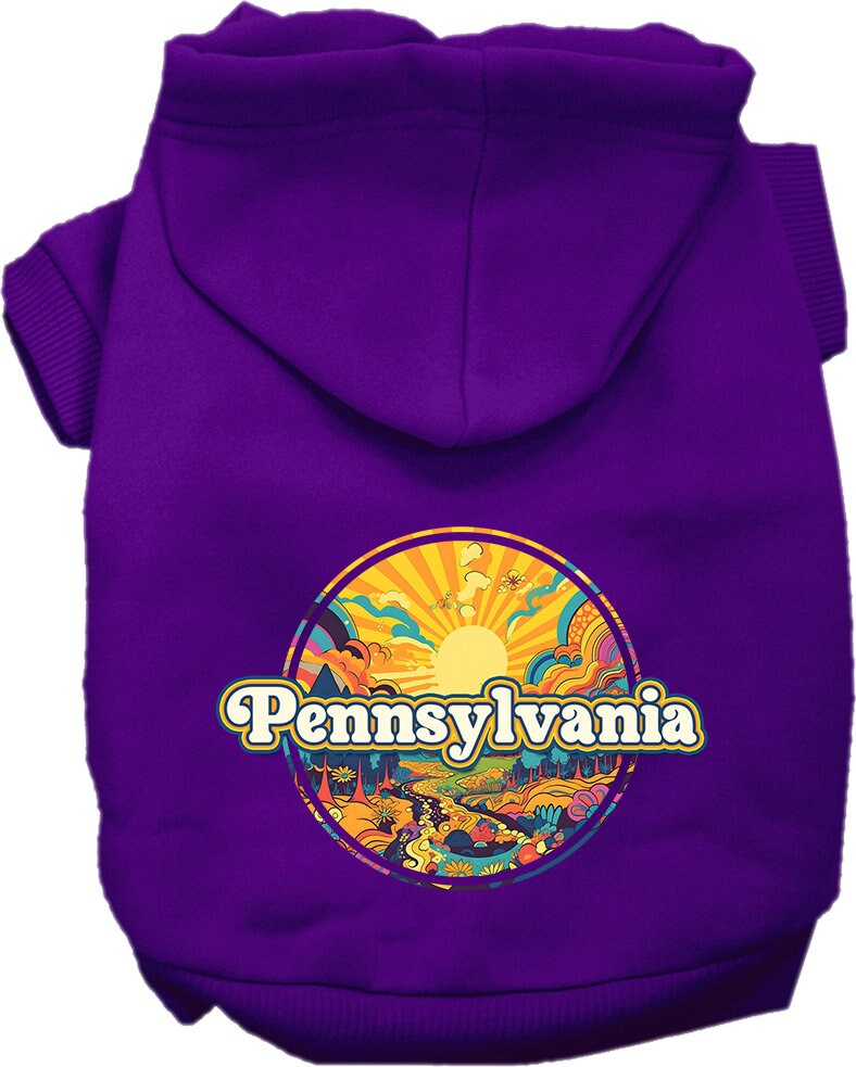 A cozy screen printed hoodie for medium to large pets, featuring a unique 'Pennsylvania Trippy Peaks' design, perfect for stylish walks.