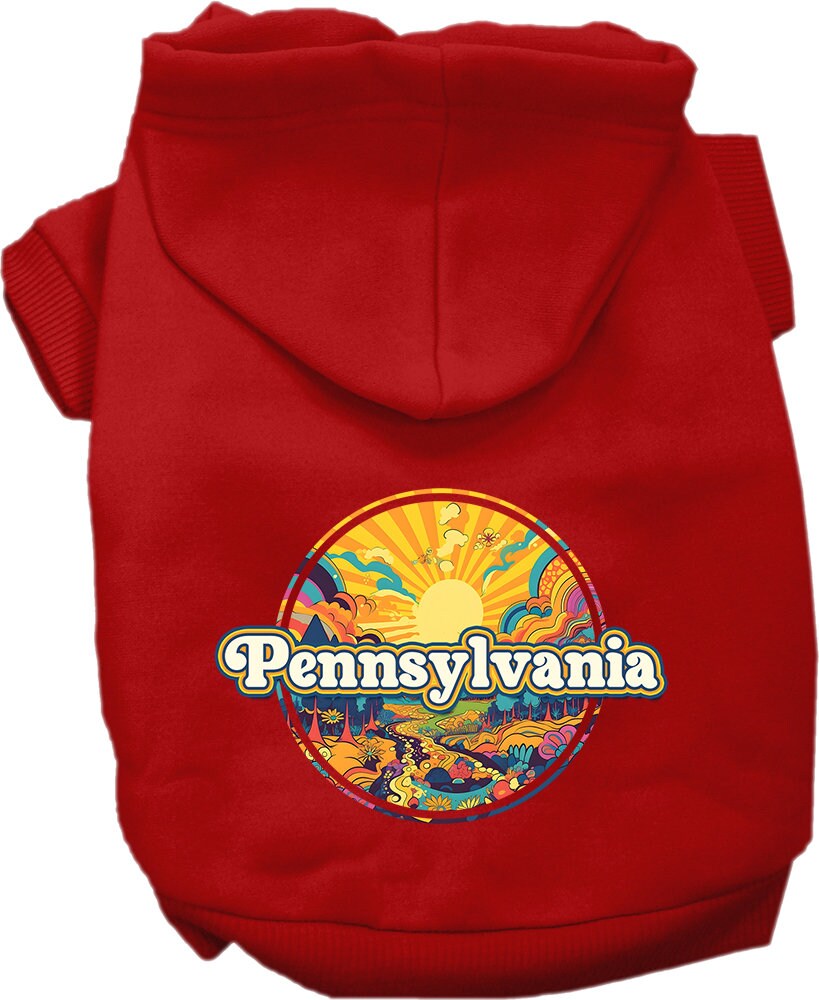 A cozy screen printed hoodie for medium to large pets, featuring a unique 'Pennsylvania Trippy Peaks' design, perfect for stylish walks.
