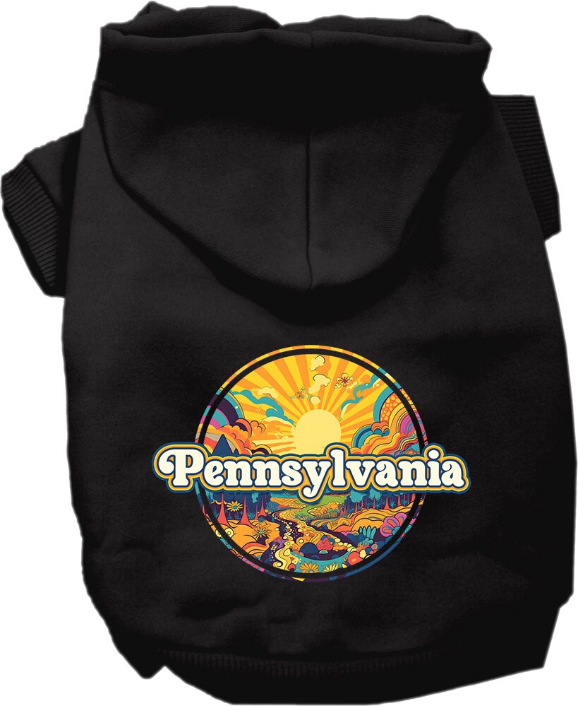 A cozy screen printed hoodie for medium to large pets, featuring a unique 'Pennsylvania Trippy Peaks' design, perfect for stylish walks.