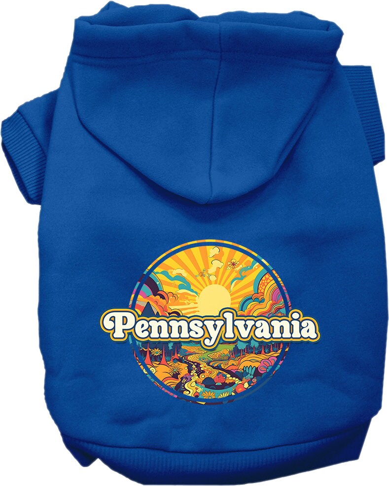 A cozy screen printed hoodie for medium to large pets, featuring a unique 'Pennsylvania Trippy Peaks' design, perfect for stylish walks.
