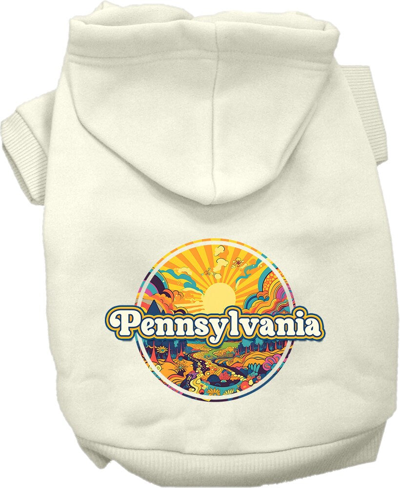 A cozy screen printed hoodie for medium to large pets, featuring a unique 'Pennsylvania Trippy Peaks' design, perfect for stylish walks.