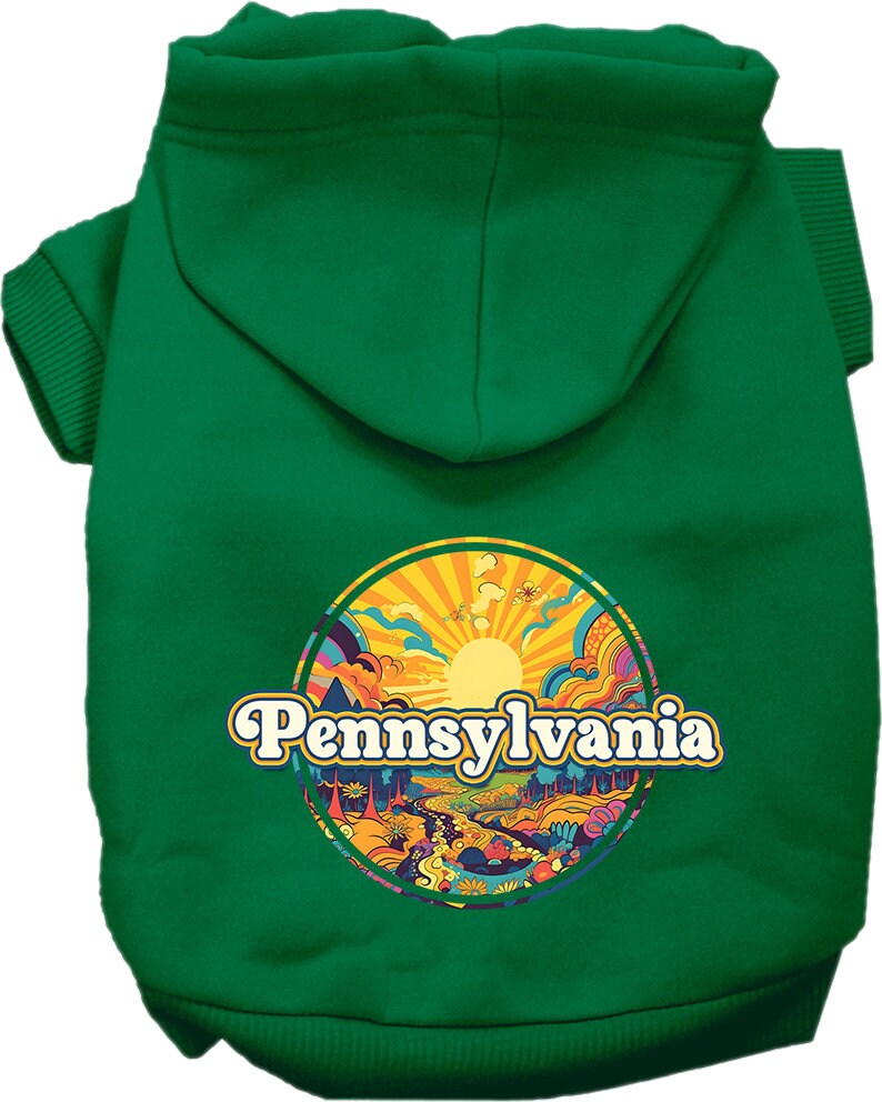 A cozy screen printed hoodie for medium to large pets, featuring a unique 'Pennsylvania Trippy Peaks' design, perfect for stylish walks.