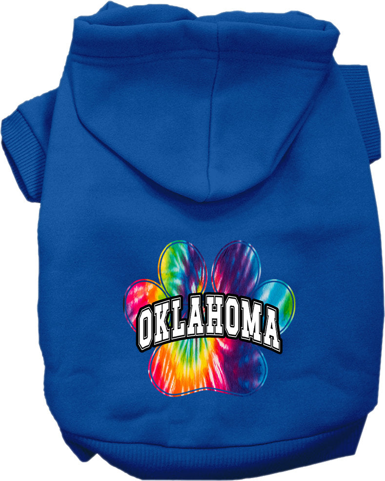 A vibrant Oklahoma Bright Tie Dye hoodie designed for medium to large dogs and cats, showcasing its soft fabric and convenient leash access hole.