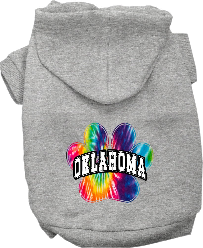 A vibrant Oklahoma Bright Tie Dye hoodie designed for medium to large dogs and cats, showcasing its soft fabric and convenient leash access hole.