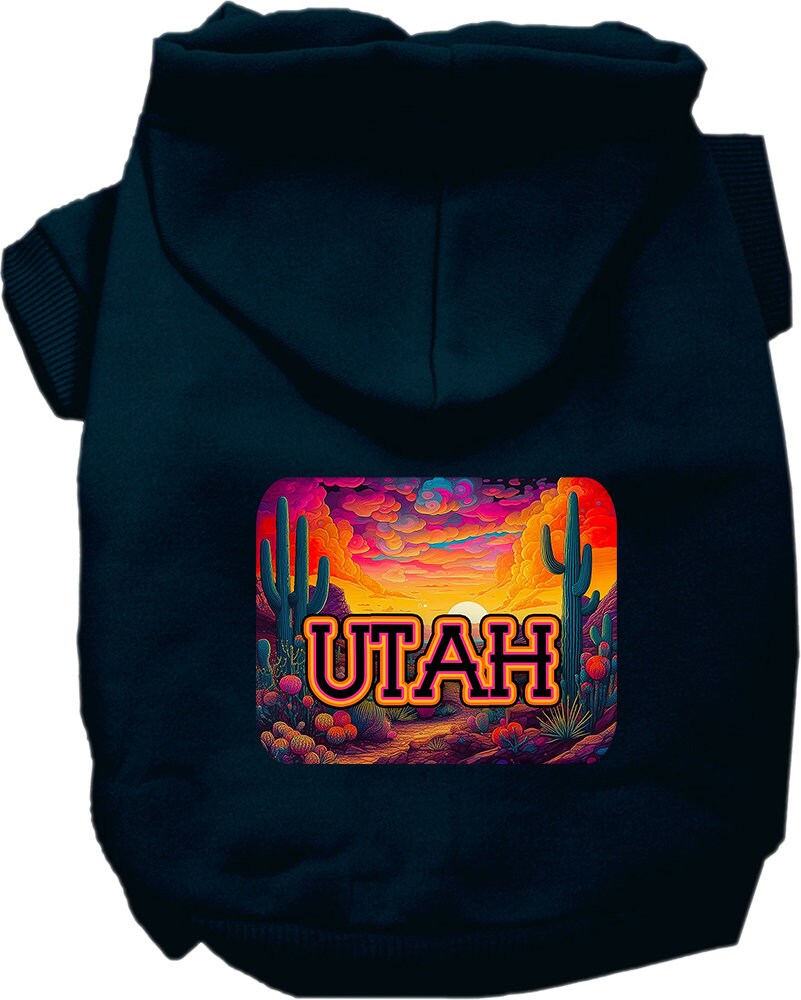 A medium to large pet wearing a soft, warm hoodie with a vibrant 'Utah Neon Desert' print, showcasing its stylish design and convenient leash access.