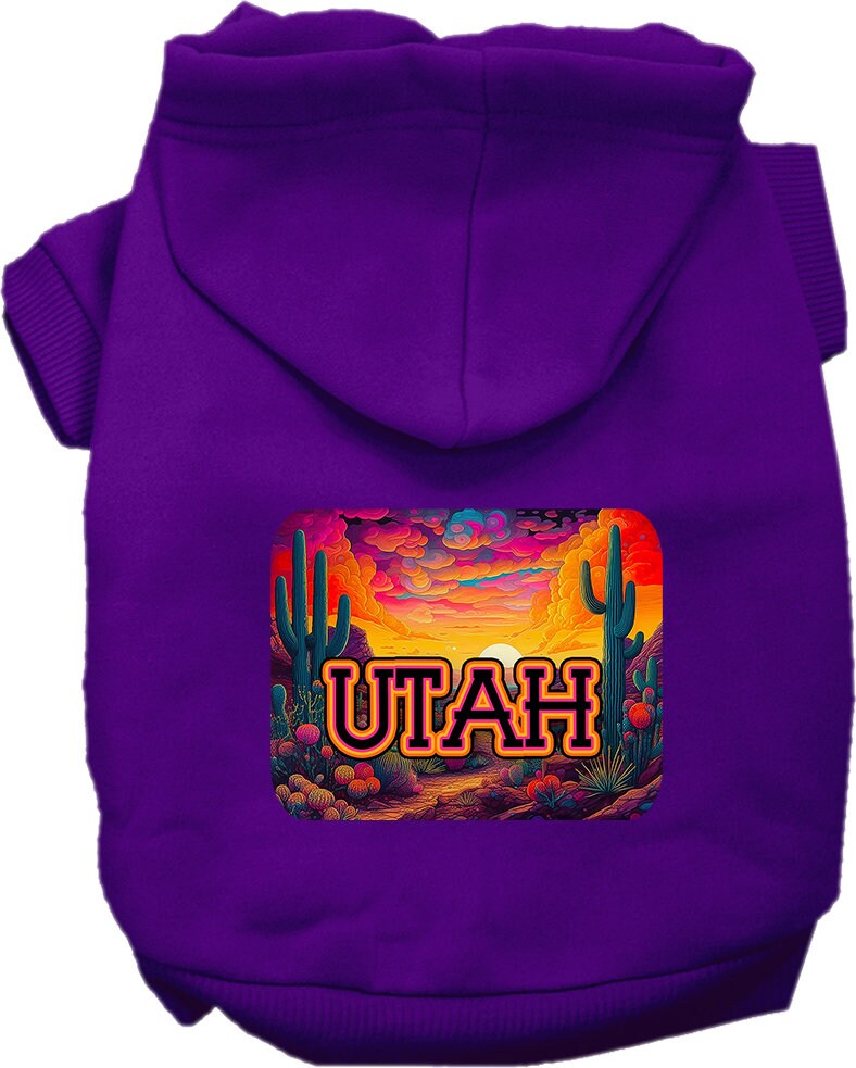 A medium to large pet wearing a soft, warm hoodie with a vibrant 'Utah Neon Desert' print, showcasing its stylish design and convenient leash access.