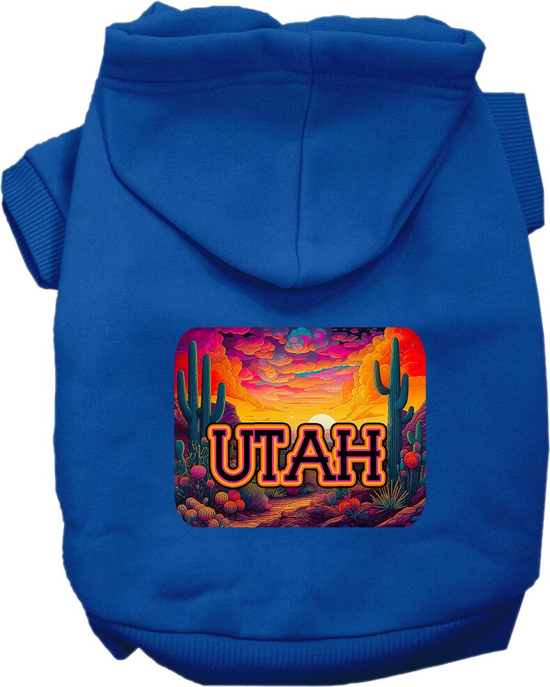 A medium to large pet wearing a soft, warm hoodie with a vibrant 'Utah Neon Desert' print, showcasing its stylish design and convenient leash access.