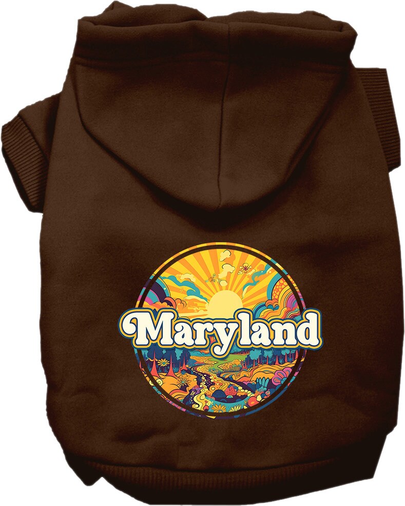 A cozy screen printed hoodie for medium to large pets, featuring the Maryland Groovy Summit design, showcasing its soft fabric and convenient leash access hole.