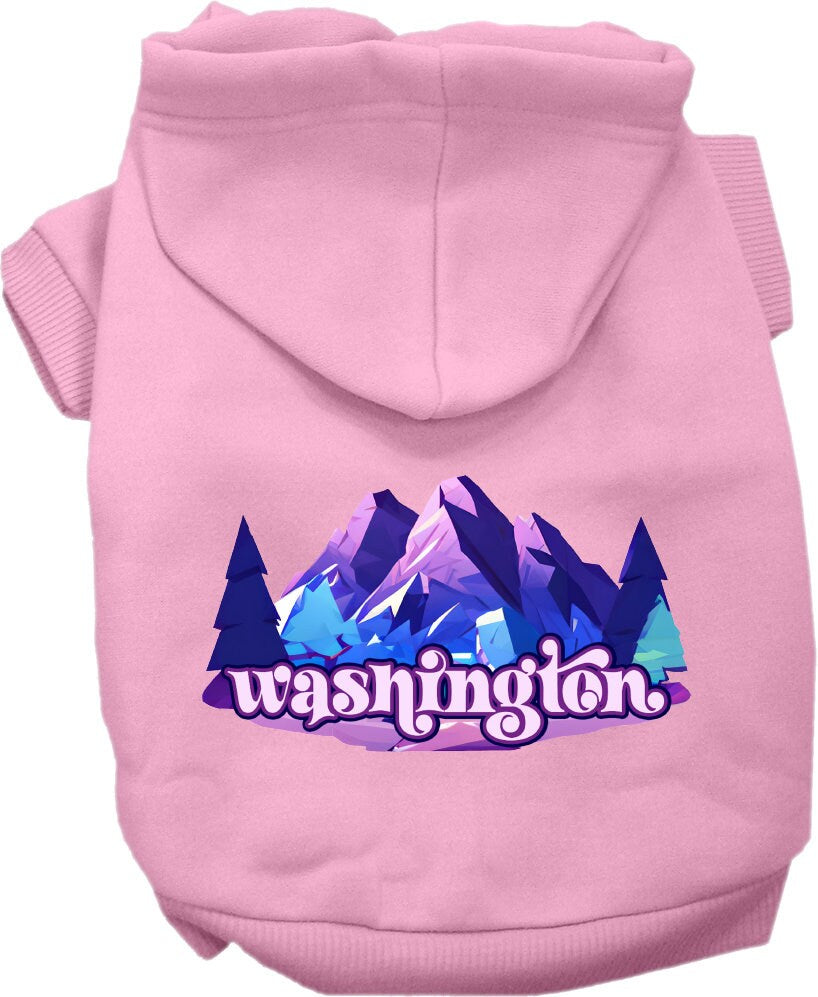 A medium to large pet wearing a cozy screen printed hoodie with a 'Washington Alpine Pawscape' design, showcasing its soft fabric and convenient leash access.