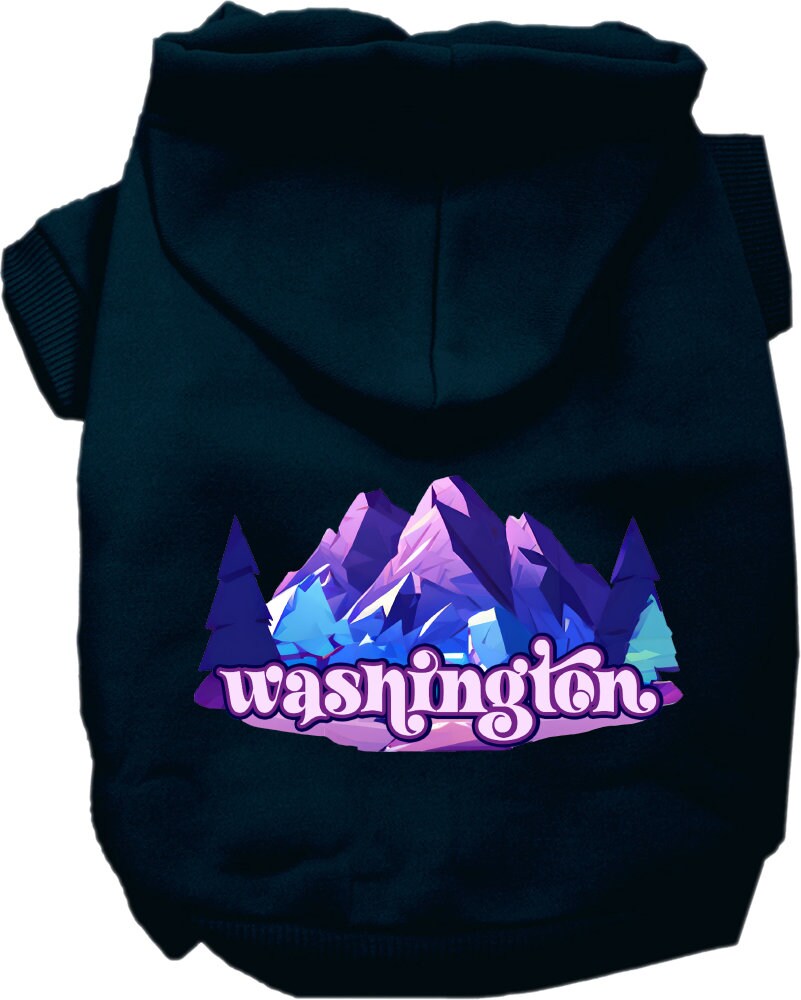 A medium to large pet wearing a cozy screen printed hoodie with a 'Washington Alpine Pawscape' design, showcasing its soft fabric and convenient leash access.