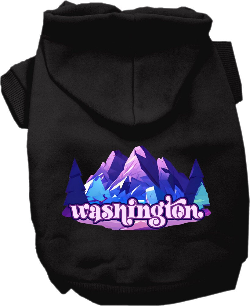 A medium to large pet wearing a cozy screen printed hoodie with a 'Washington Alpine Pawscape' design, showcasing its soft fabric and convenient leash access.
