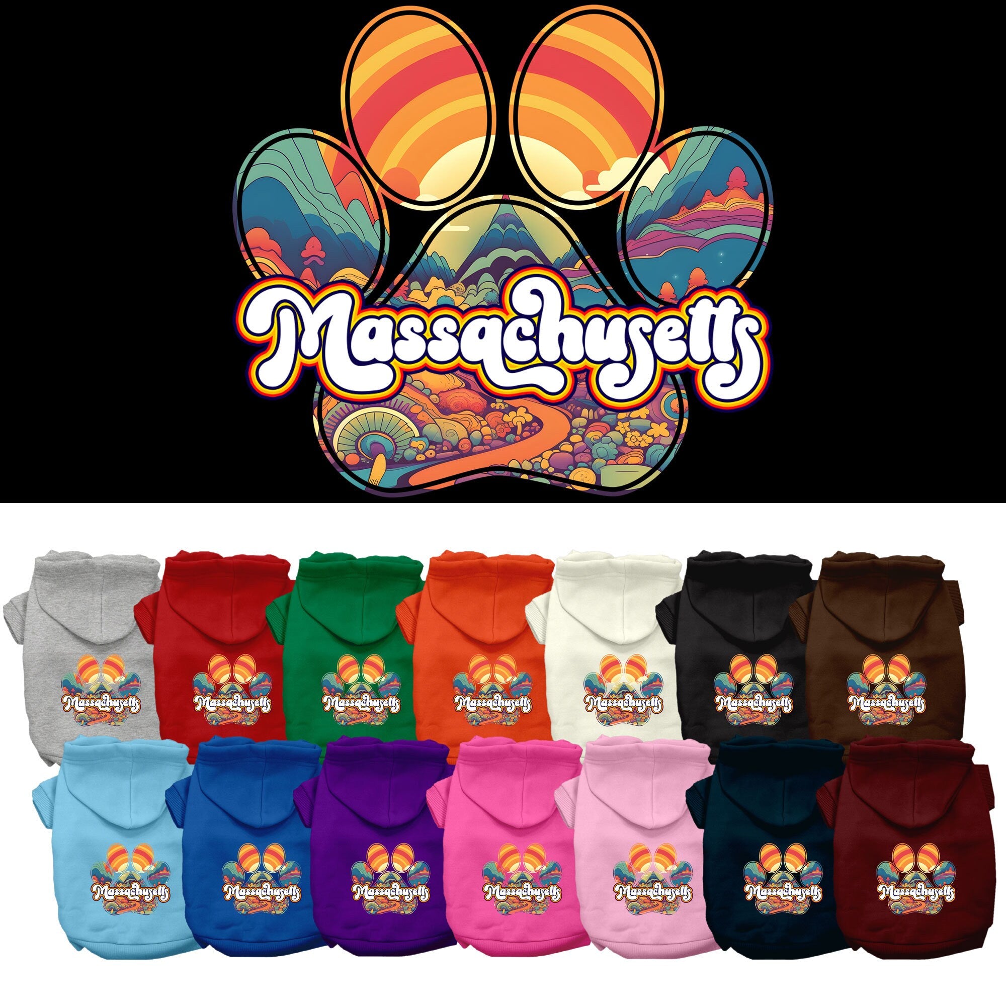 A cozy screen printed hoodie for medium to large pets featuring the 'Massachusetts Groovy Summit' design, perfect for stylish walks.