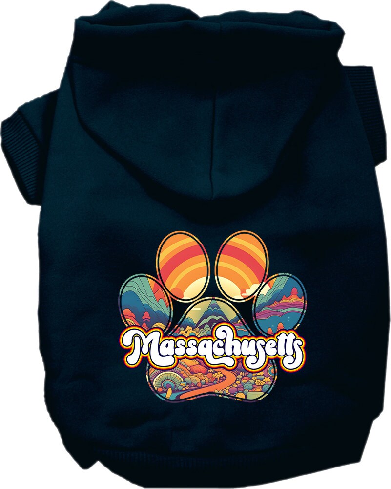 A cozy screen printed hoodie for medium to large pets featuring the 'Massachusetts Groovy Summit' design, perfect for stylish walks.