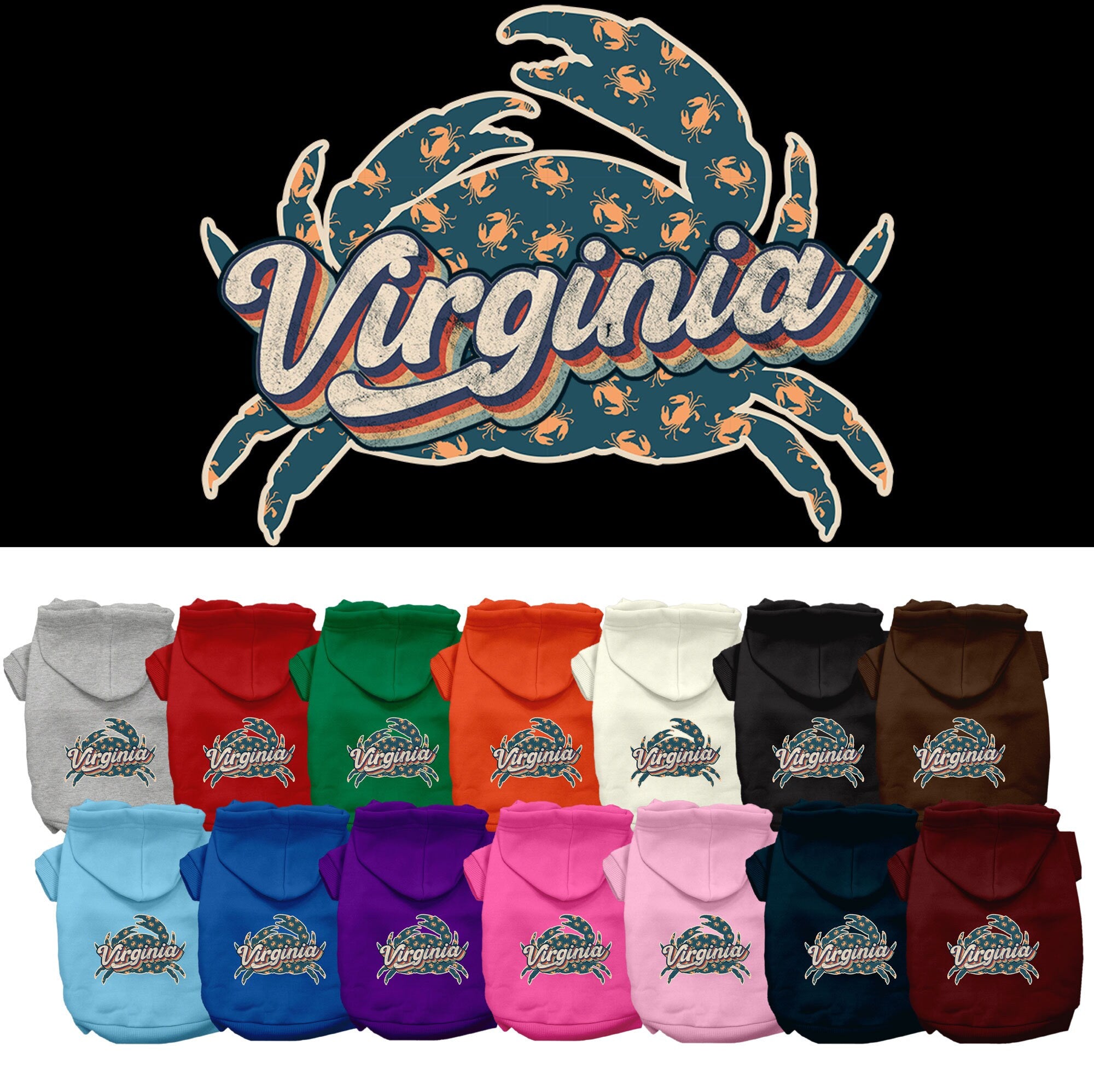 A medium to large pet wearing a soft, warm hoodie with a 'Virginia Retro Crabs' print, showcasing its stylish design and convenient leash access.