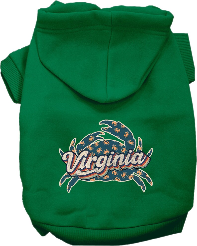 A medium to large pet wearing a soft, warm hoodie with a 'Virginia Retro Crabs' print, showcasing its stylish design and convenient leash access.
