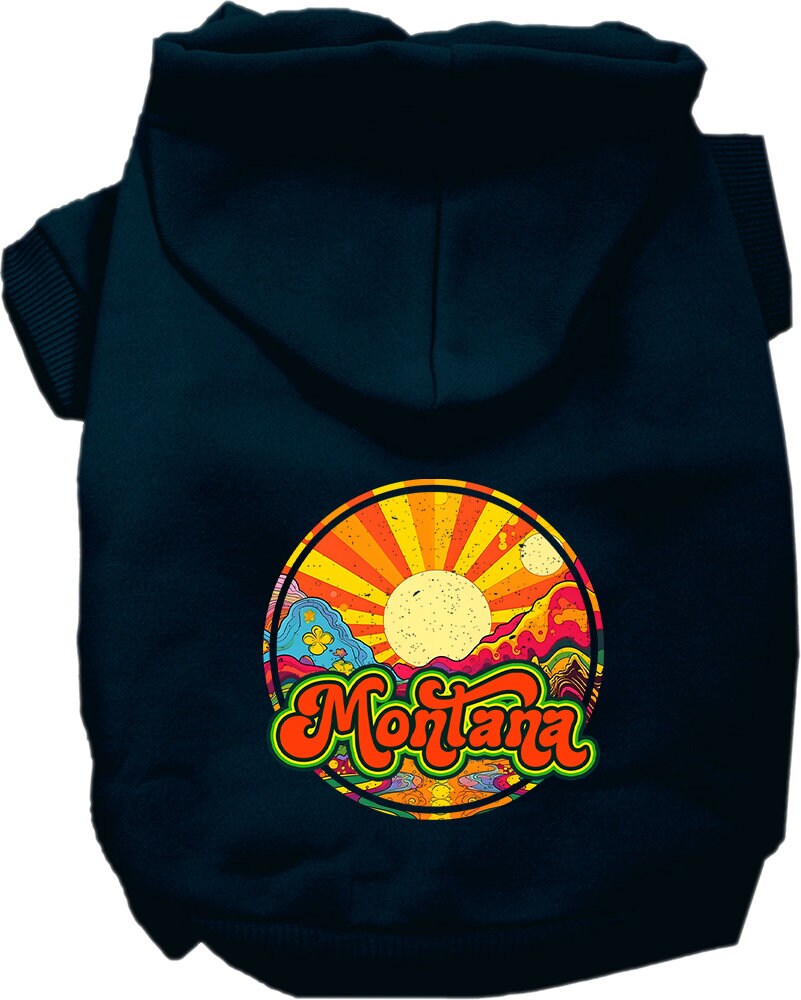 A cozy screen printed hoodie for medium to large pets, featuring a unique 'Montana Mellow Mountain' design, perfect for chilly weather.
