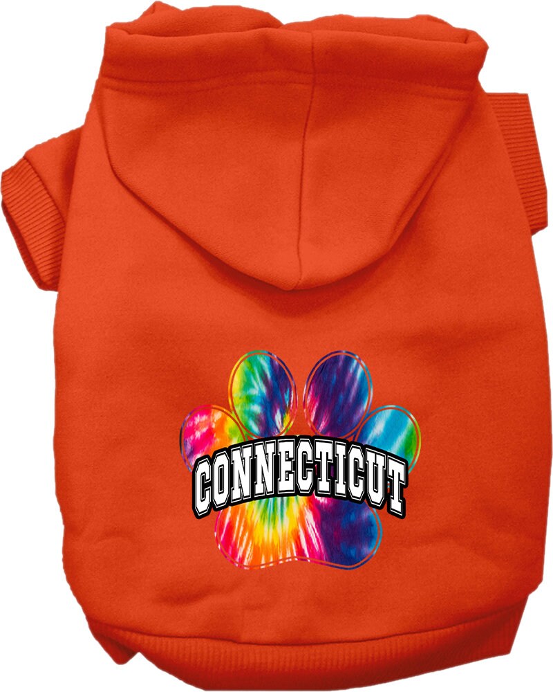 A vibrant Connecticut Bright Tie Dye hoodie for medium to large pets, showcasing its soft fabric and convenient leash access hole.