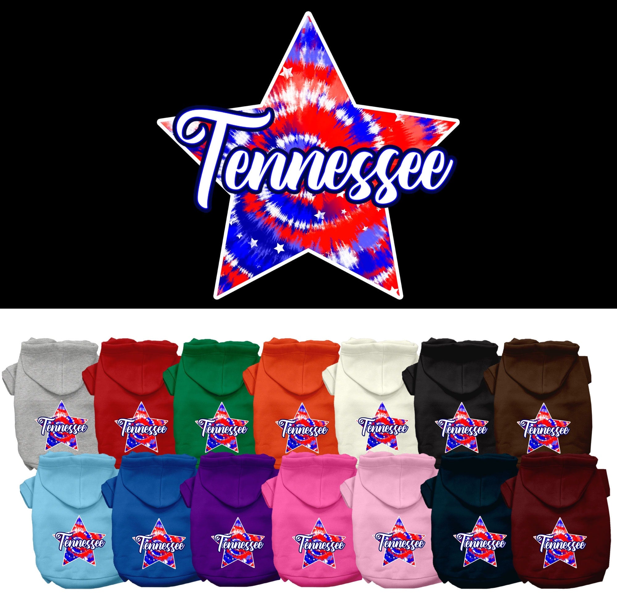 A medium to large pet wearing a Tennessee Patriotic Tie Dye hoodie, showcasing vibrant colors and a stylish design.