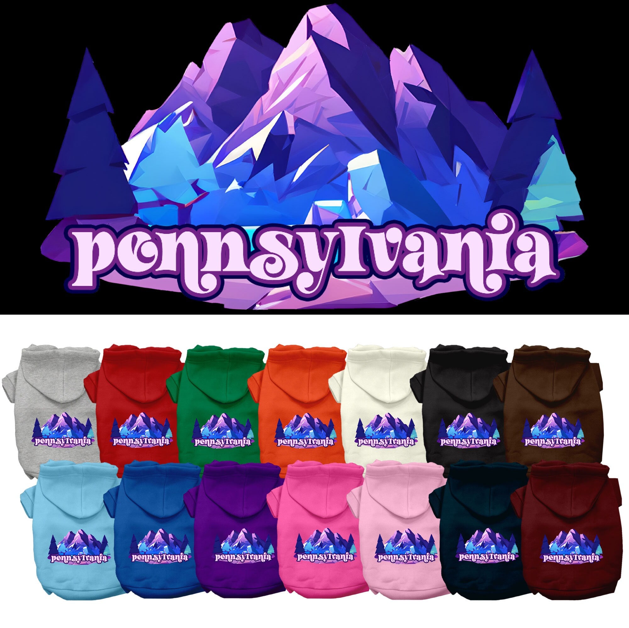 A medium to large pet wearing a cozy screen printed hoodie featuring a unique Pennsylvania Alpine Pawscape design, showcasing comfort and style.