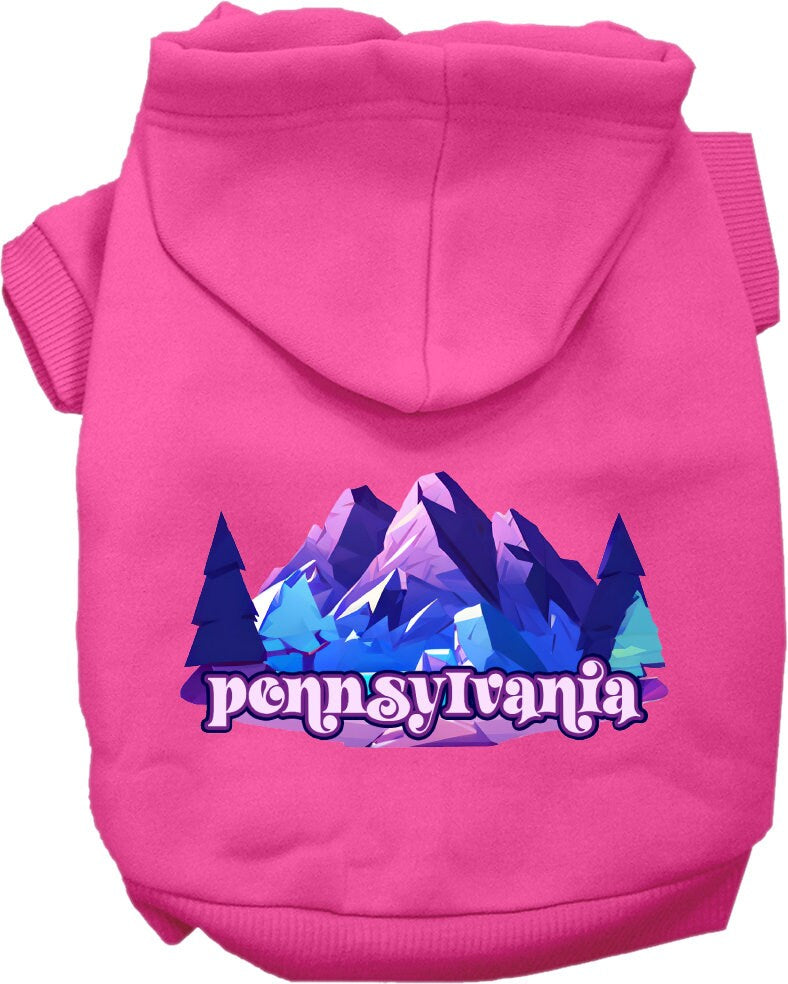 A medium to large pet wearing a cozy screen printed hoodie featuring a unique Pennsylvania Alpine Pawscape design, showcasing comfort and style.