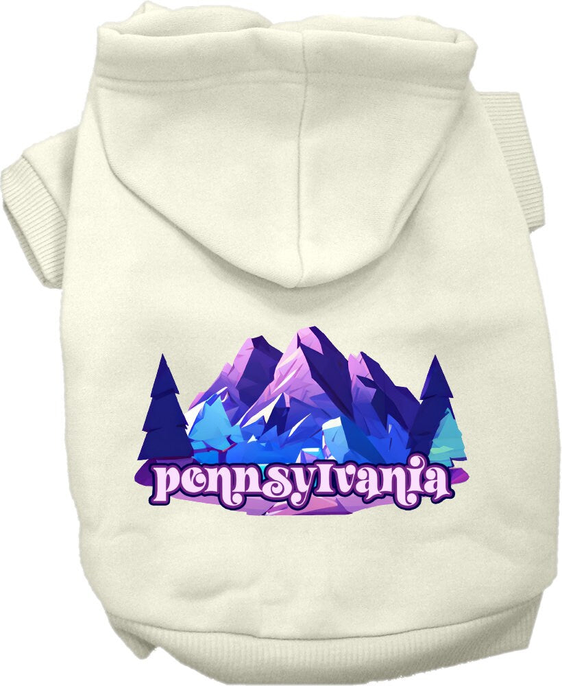 A medium to large pet wearing a cozy screen printed hoodie featuring a unique Pennsylvania Alpine Pawscape design, showcasing comfort and style.