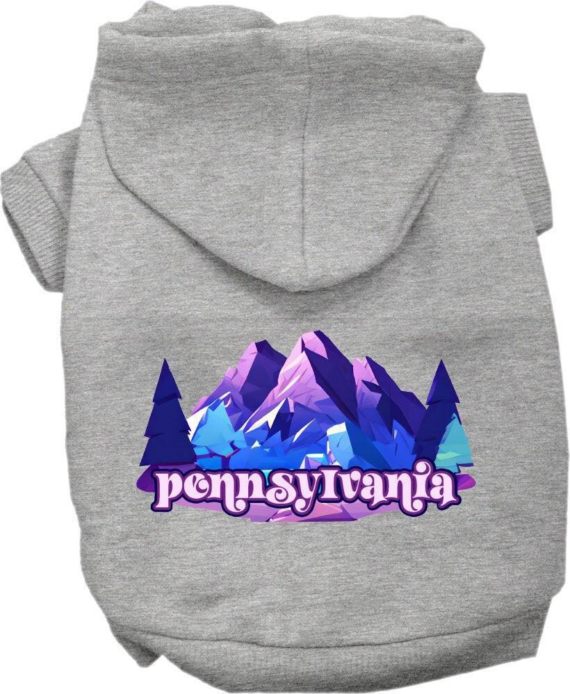 A medium to large pet wearing a cozy screen printed hoodie featuring a unique Pennsylvania Alpine Pawscape design, showcasing comfort and style.