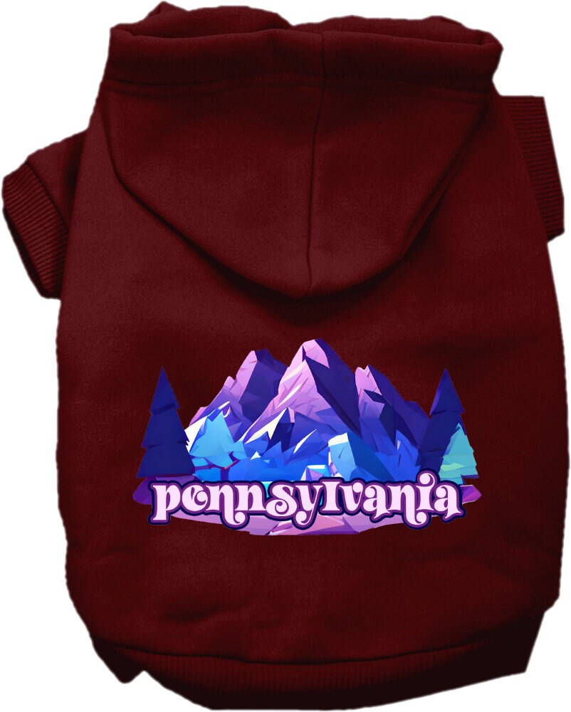 A medium to large pet wearing a cozy screen printed hoodie featuring a unique Pennsylvania Alpine Pawscape design, showcasing comfort and style.