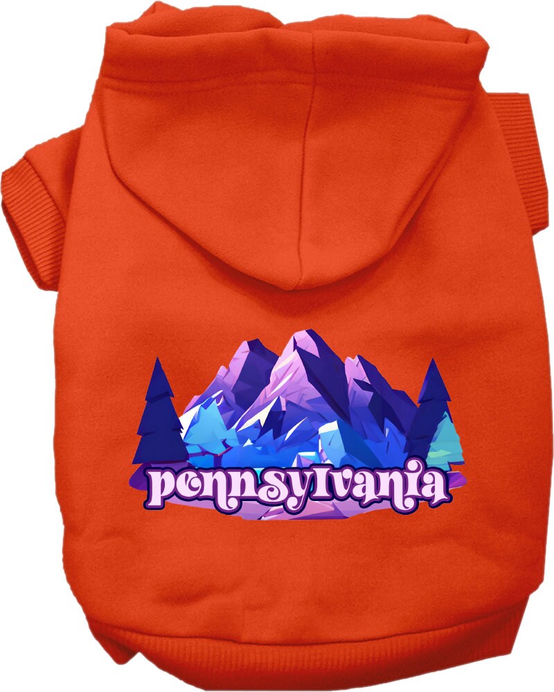A medium to large pet wearing a cozy screen printed hoodie featuring a unique Pennsylvania Alpine Pawscape design, showcasing comfort and style.