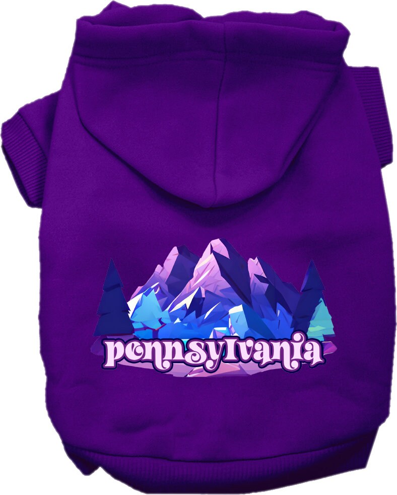 A medium to large pet wearing a cozy screen printed hoodie featuring a unique Pennsylvania Alpine Pawscape design, showcasing comfort and style.