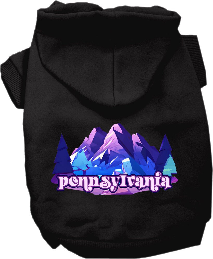 A medium to large pet wearing a cozy screen printed hoodie featuring a unique Pennsylvania Alpine Pawscape design, showcasing comfort and style.