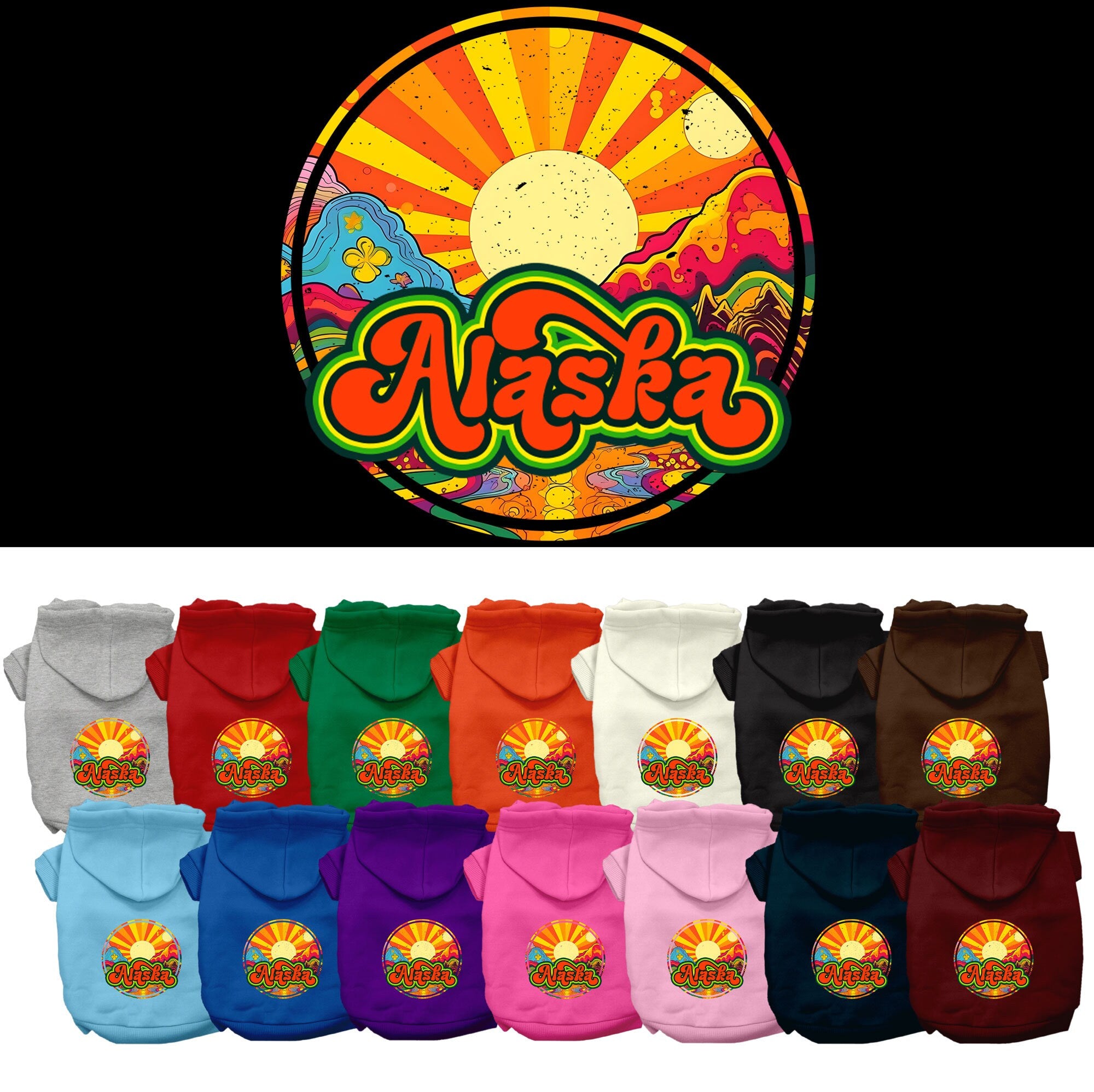 A cozy screen printed hoodie for medium to large pets, featuring a unique 'Alaska Mellow Mountain' design, perfect for chilly weather.