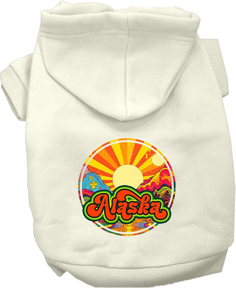 A cozy screen printed hoodie for medium to large pets, featuring a unique 'Alaska Mellow Mountain' design, perfect for chilly weather.