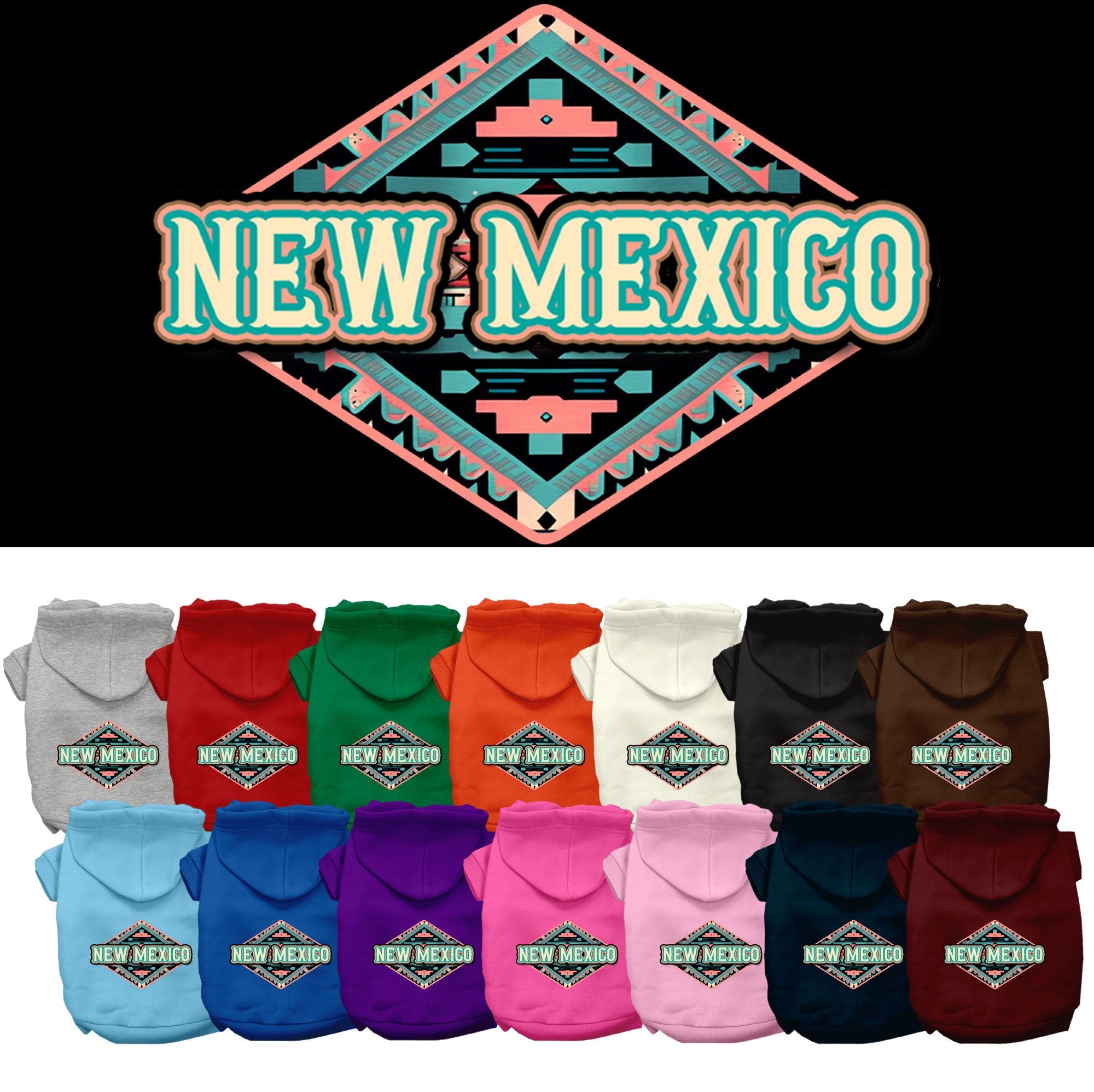 A medium to large pet wearing a soft, warm hoodie with a New Mexico Peach Aztec print, showcasing its stylish design and convenient leash access.