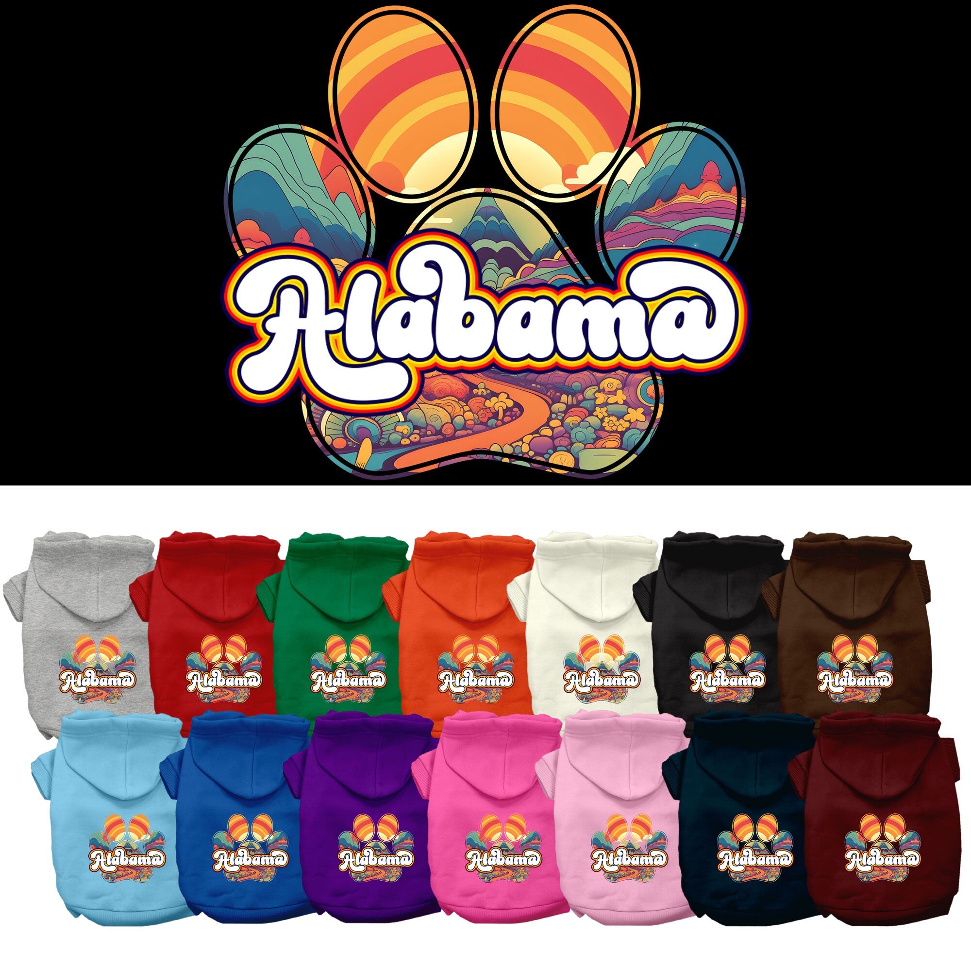 A medium to large pet wearing a stylish screen printed hoodie with the Alabama Groovy Summit design, showcasing comfort and durability.