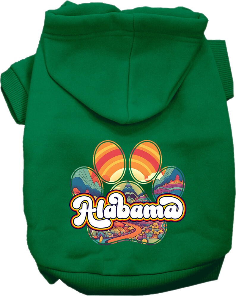A medium to large pet wearing a stylish screen printed hoodie with the Alabama Groovy Summit design, showcasing comfort and durability.