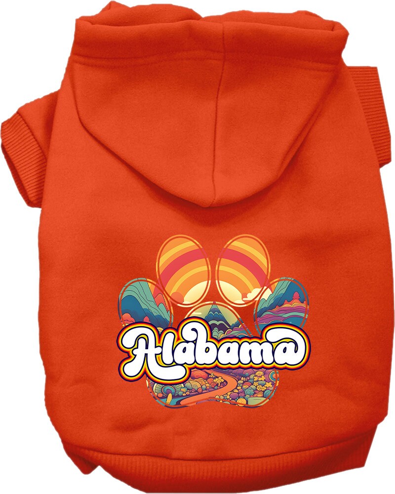 A medium to large pet wearing a stylish screen printed hoodie with the Alabama Groovy Summit design, showcasing comfort and durability.