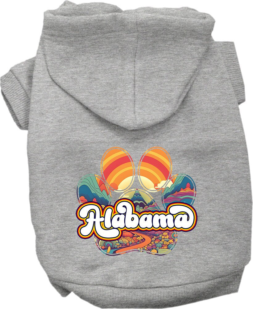 A medium to large pet wearing a stylish screen printed hoodie with the Alabama Groovy Summit design, showcasing comfort and durability.